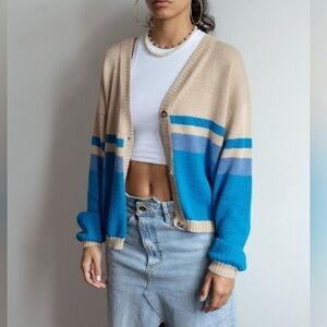 Blue and Tan Women's Cardigan